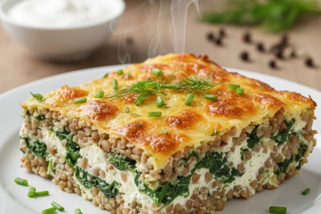 Šeimos pietų grikių apkepas su varške ir špinatais