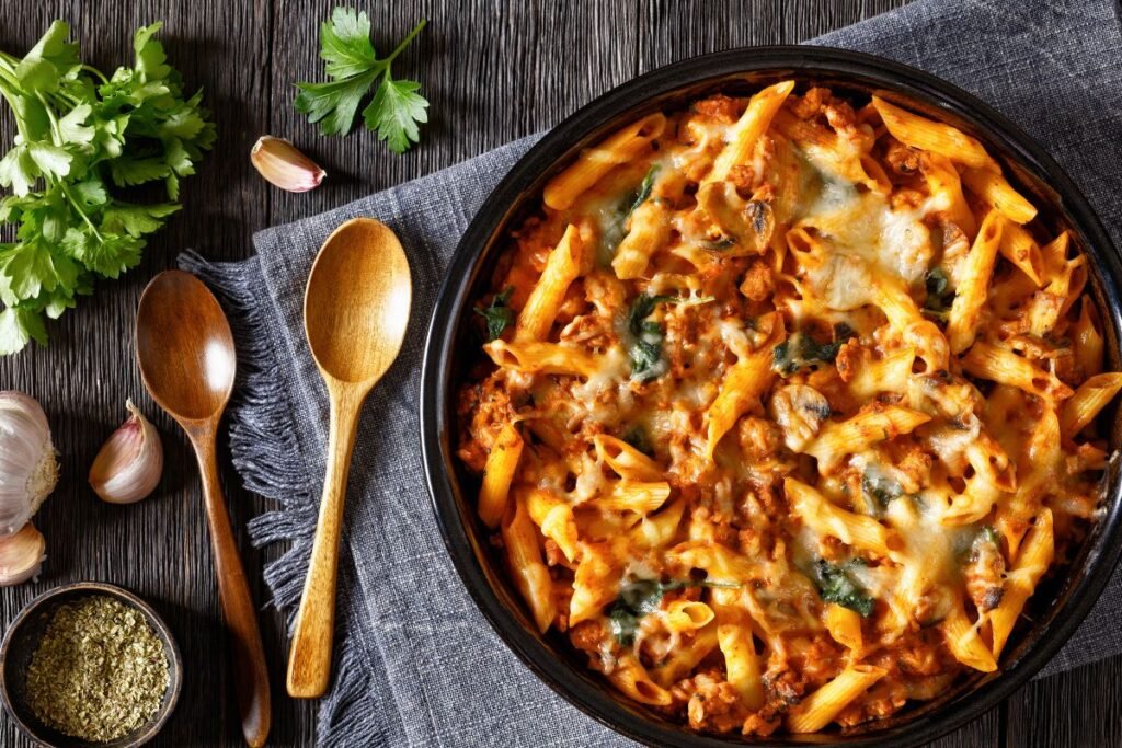 Receptas: makaronų apkepas su vištiena ir grietinėlės–sūrio padažu