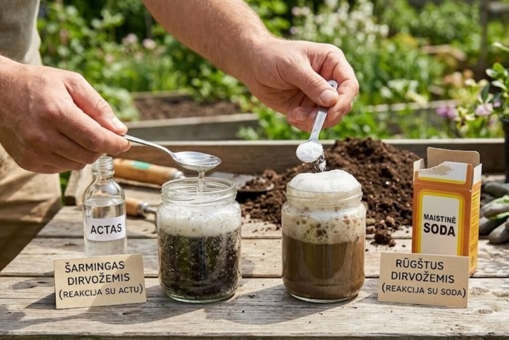 Dirvožemio pH: klasikinis „šnypštimo“ testas su soda ir actu