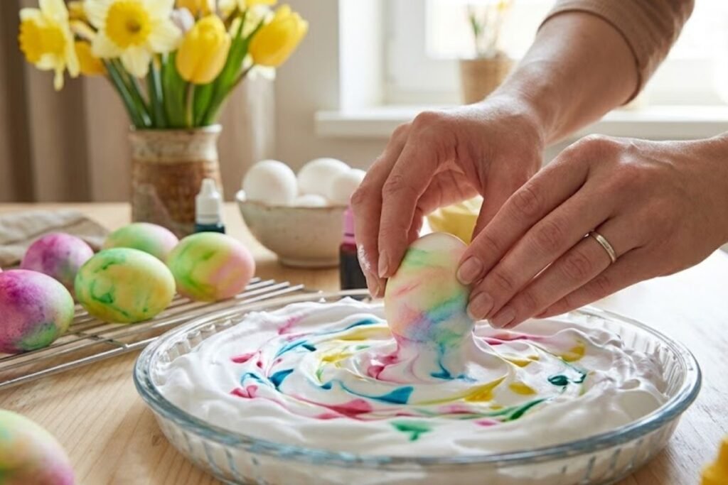 Kiaušinių dažymas skutimosi putose: „marmurinis sapnas“