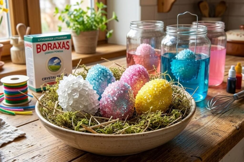 Kristalizuoti kiaušiniai su boraksu (arba cukrumi)