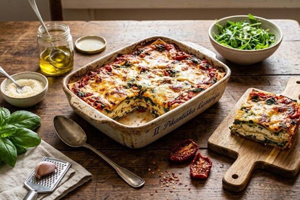 II receptas: pikantiška lazanija su varške ir špinatais