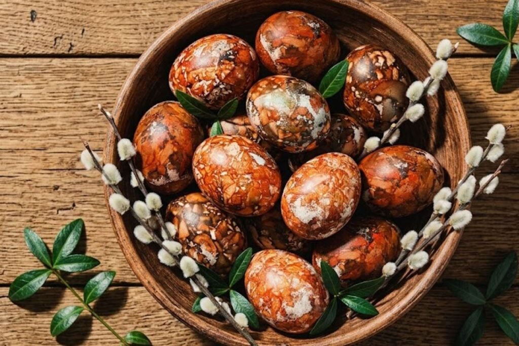 Klasikiniai marmuriniai kiaušiniai su žolelėmis