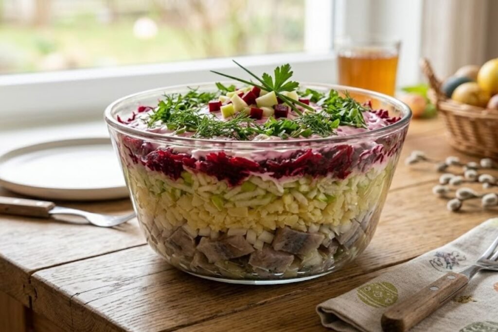 Sluoksniuotos silkės salotos su obuoliais