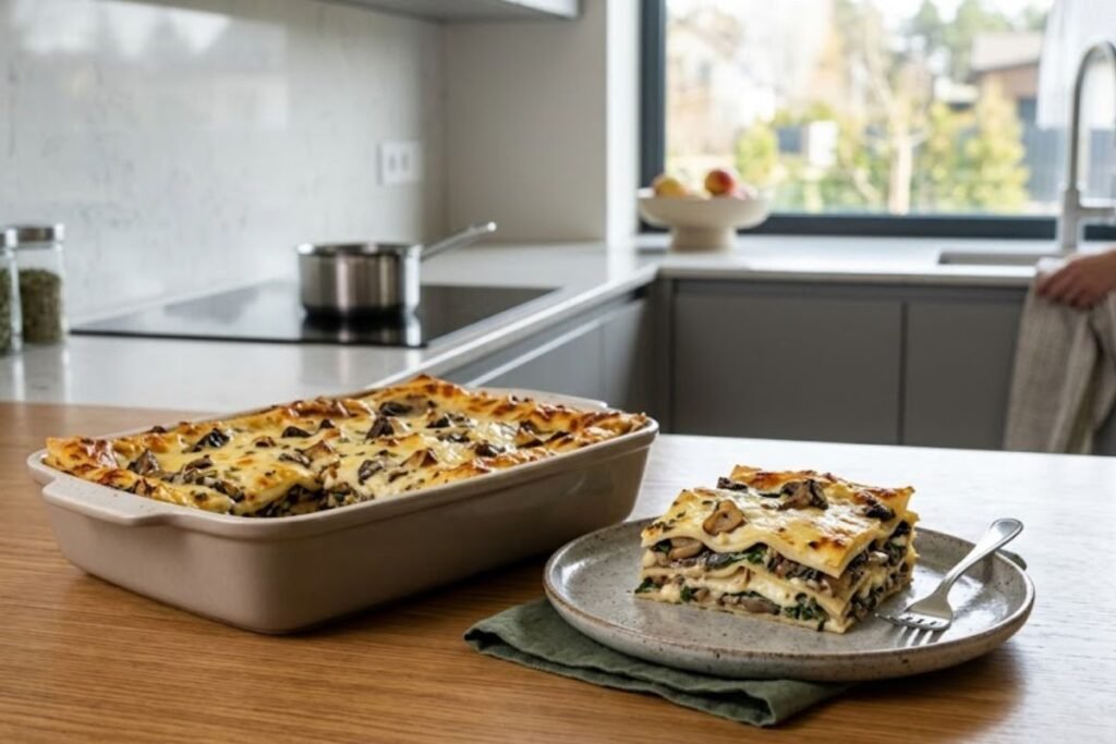 Lazanija su grybais ir sūrio kepure