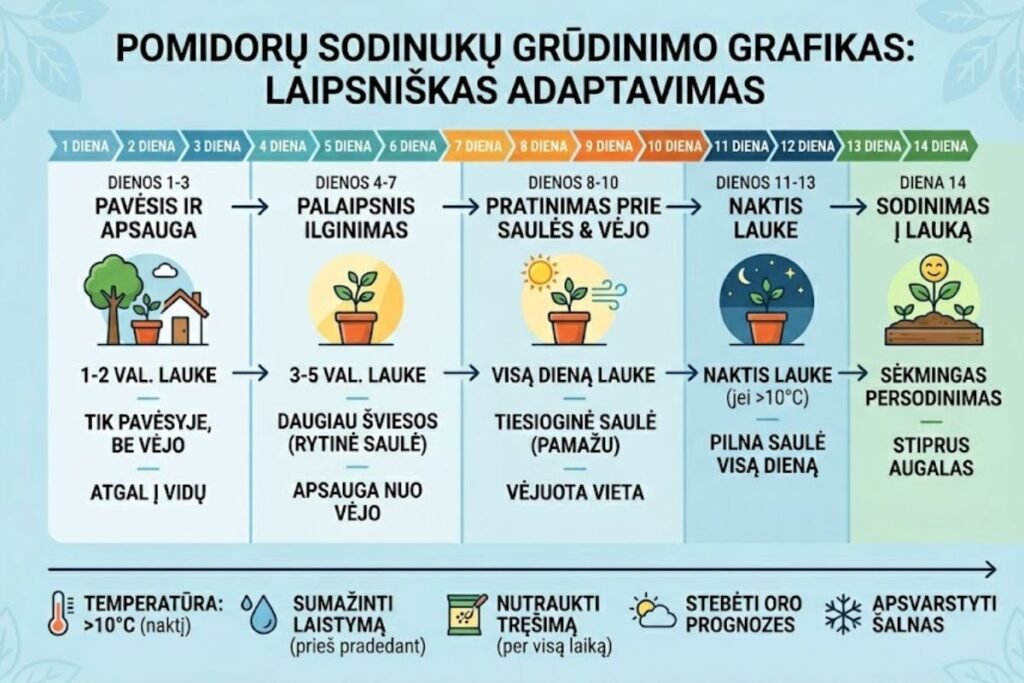 Grūdinimo planas: laipsniškas pratimas prie lauko sąlygų. Pomidorų sodinukų grūdinimas