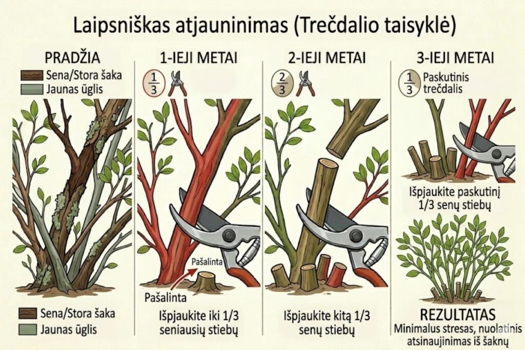 Senų žydinčių krūmų atnaujinimo technikos