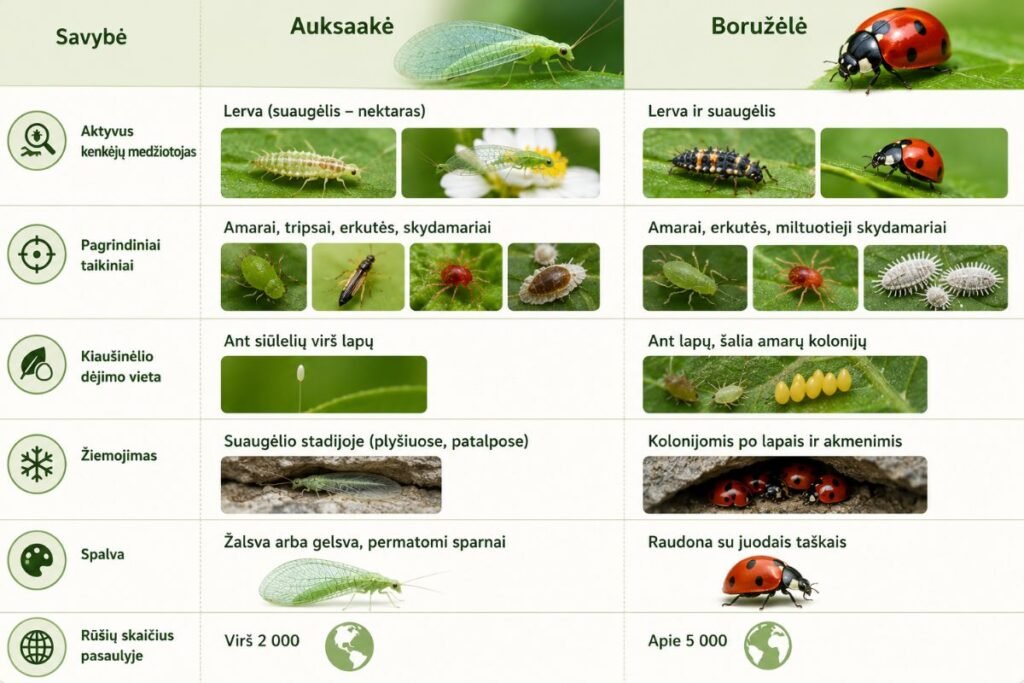 Auksaakė ir boružėlė: dviejų sodo sąjungininkių palyginimas