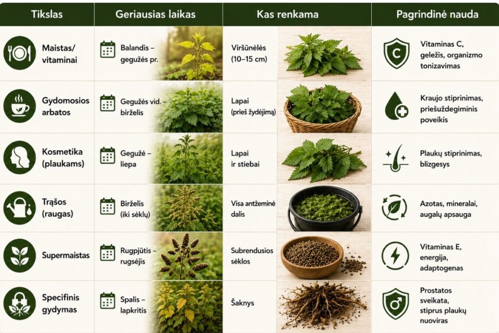 Kada rinkti dilgėles? Laikas pagal tikslą (lentelė)