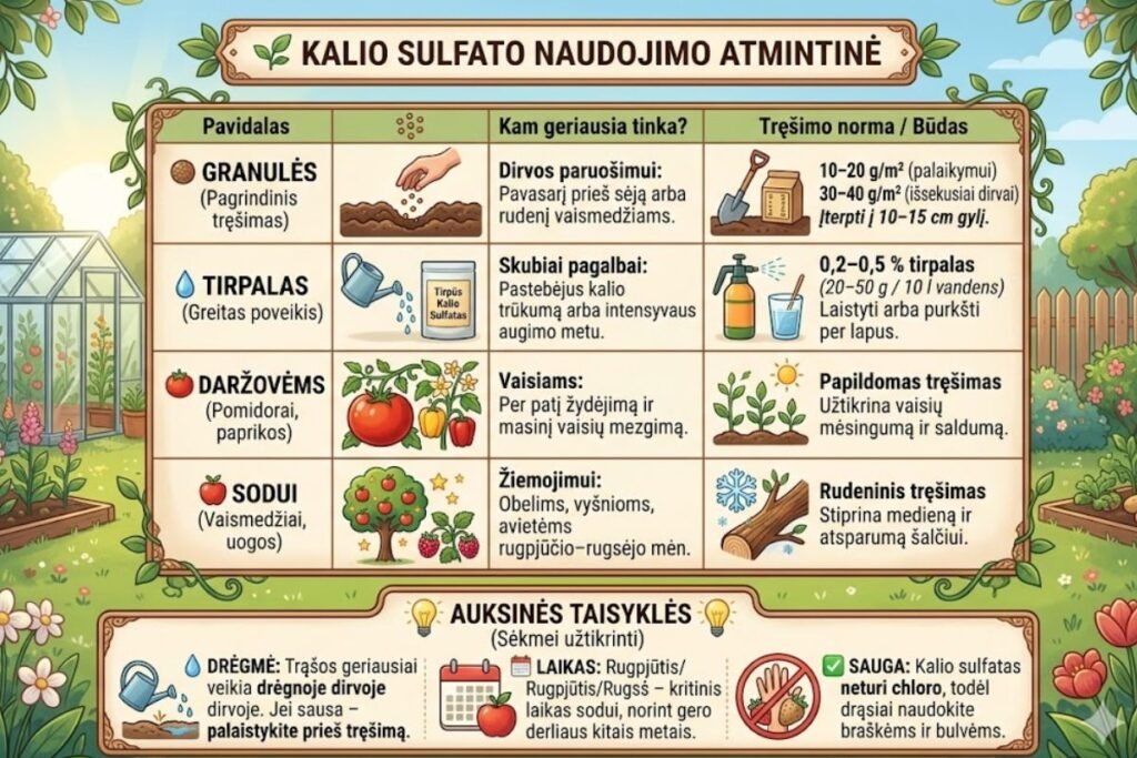 Kalio sulfatas sode ir darže: kada ir kaip naudoti?
