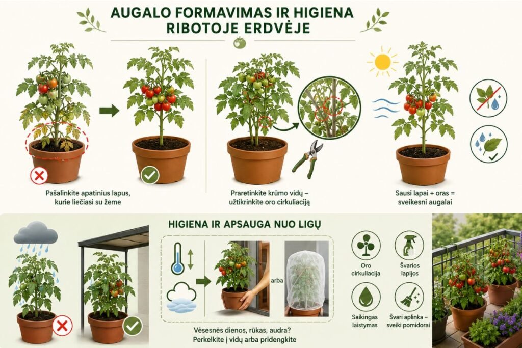 Pomidorų auginimas vazonuose ir balkone: augalo formavimas ir higiena ribotoje erdvėje