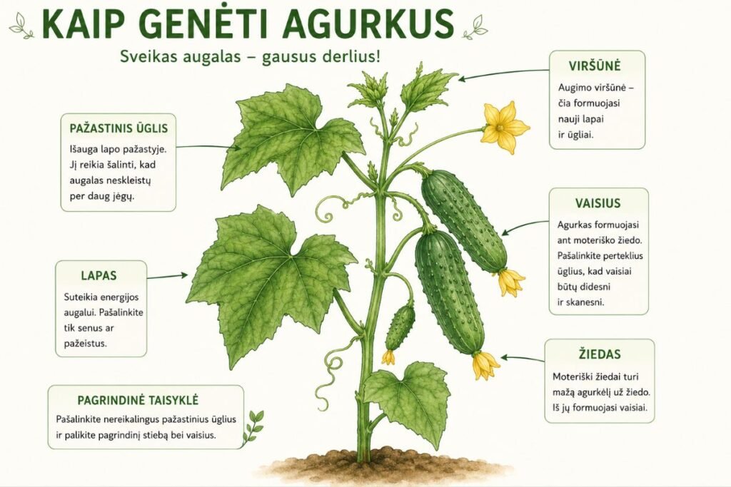 Agurkų genėjimas: šviesoforo taisyklė augalo apačioje