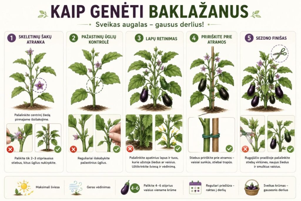 Pažastinių ūglių kontrolė ir lapų retinimo higiena