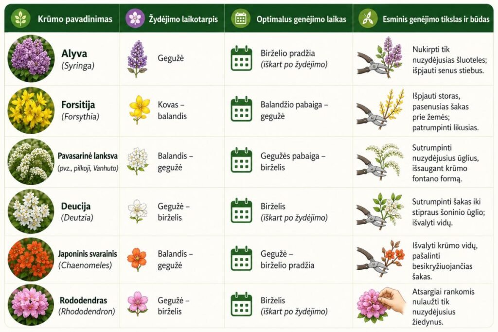 Krūmų genėjimas po žydėjimo: kalendorius darbų planavimui