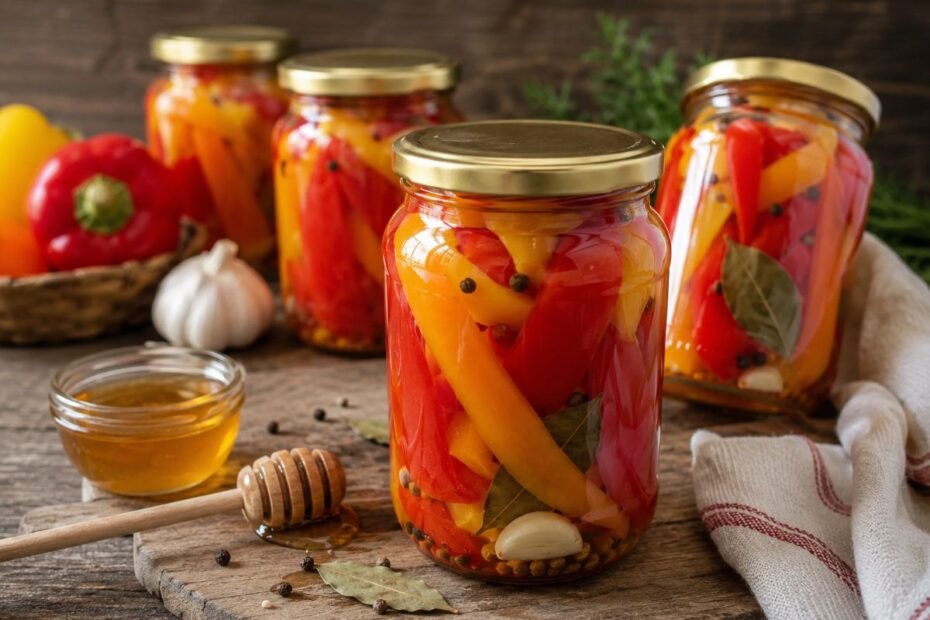 Saldus vasaros stiklainis: marinuota paprika su medumi, kuri užkariaus jūsų rūsio lentynas