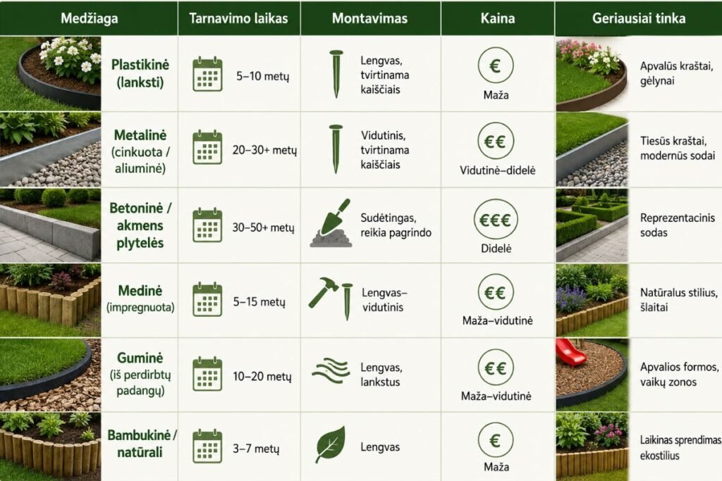 Vejos krašto juostų medžiagų palyginimas (lentelė)